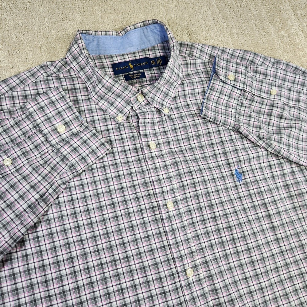 Polo Ralph Lauren Shirt Men‎ XXL 100% Cotton Stretch Gray Plaid Button Down Pony